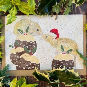 Merry Christmice eco friendly Christmas card showing 2 mice sat on Christmas puddings with one in a Santa hat