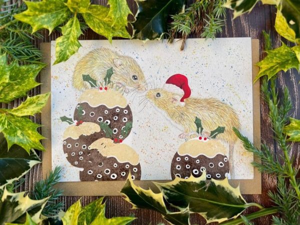 Merry Christmice eco friendly Christmas card showing 2 mice sat on Christmas puddings with one in a Santa hat