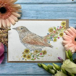 eco friendly card with a nightingale and sunflowers and floral decorations