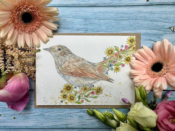 eco friendly card with a nightingale and sunflowers and floral decorations