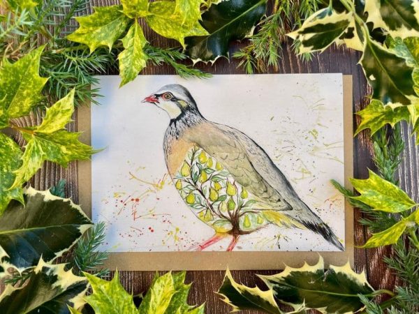 pear tree in a partridge eco friendly Christmas card. Partridge decorated with pear trees